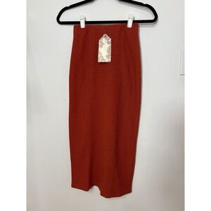 Band of the Free Midi Pencil Skirt XS Rust Ribbed Knit Boho Minimalist Warm Cozy